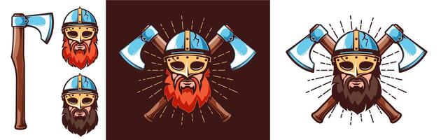 nordic krigare logotyp - skäggig viking i hjälm med mask och korsade slåss yxor. illustration. vektor