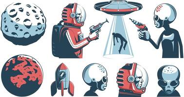 Außerirdischer UFO Jahrgang einstellen mit Astronaut und Marsmensch. Raum retro Design Elemente. Illustration. vektor