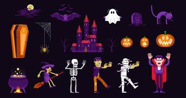 halloween tecken och ikoner uppsättning i tecknad serie stil vektor