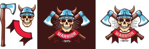 Krieger Logo mit Schädel im Wikinger Helm und gekreuzt Schlacht Achsen. Illustration. vektor