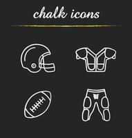 American Football Ausrüstung Kreide Icons Set. Helm, Schulterpolster, Ball, Shorts. isolierte tafel Vektorgrafiken vektor