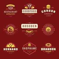 snabb mat logotyper uppsättning illustration Bra för pizzeria eller burger affär och restaurang meny märken med mat silhuett vektor