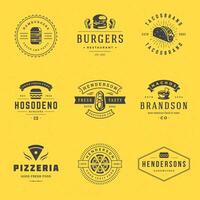 schnell Essen Logos einstellen Illustration gut zum Pizzeria, Burger Geschäft und Restaurant Speisekarte vektor