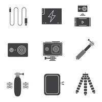 Action-Kamera-Glyphen-Symbole gesetzt. Silhouette-Symbole. Sportkamera, USB-Kabel, Akku, Telefonanschluss, wasserdichte Hülle, Selfie-Einbeinstativ, Schwimmgriff, Box, Stativ. isolierte Vektorgrafik vektor