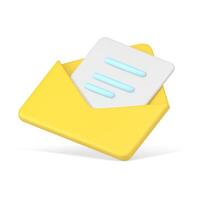 meddelande i gul 3d kuvert. volumetriska ark av papper med blå text vektor