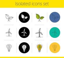 Öko-Energie-Icons gesetzt. lineare, schwarze und farbige Stile. wachsende Pflanze, Windmühle, Öko-Konzept. isolierte vektorillustrationen vektor