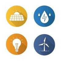 Öko-Energie flaches Design lange Schatten Icons Set. Sonnenkollektoren, Windmühle, Wasserenergie, Glühbirne. Vektor-Silhouette-Abbildung vektor