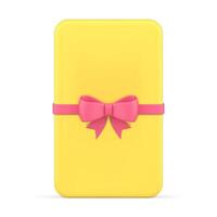 romantisk gul gåva kort vertikal smal paket med rosa glansig rosett band realistisk 3d ikon vektor