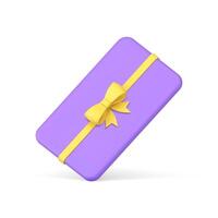 lila glänzend Rechteck Geschenk Karte mit Gelb Bogen Band schräg platziert realistisch 3d Symbol vektor
