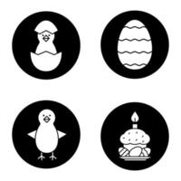 Ostern-Symbole gesetzt. Neugeborene Hühner, Ostereier, Kuchen und Kerze. Vektorgrafiken von weißen Silhouetten in schwarzen Kreisen vektor