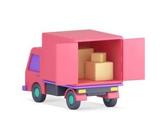 frakt kurir uttrycka leverans rosa lastbil öppen dörrar full av kartong lådor paket 3d ikon vektor
