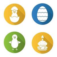 påsk platt design lång skugga ikoner set. nyfödda kycklingar, påskägg, tårta och ljus. vektor siluett illustration