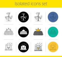 miljöskydd ikoner set. linjära, svarta och färgstilar. vindkraftverk, solpaneler, industrifabrik. isolerade vektorillustrationer vektor
