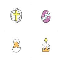 Ostern-Farbsymbole gesetzt. Neugeborenes Huhn, Kreuz mit Licht herum, Osterei, Kuchen mit Glasur und Kerze. isolierte vektorillustrationen vektor