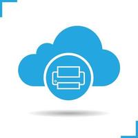 Cloud-Speicher-Druckersymbol. Schlagschatten-Silhouette-Symbol. Cloud Computing. negativen Raum. isolierte Vektorgrafik vektor