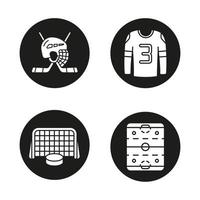 Hockey-Symbole gesetzt. Stöcke und Helm, Eisbahn, Hemd, Puck in Toren. Vektorgrafiken von weißen Silhouetten in schwarzen Kreisen