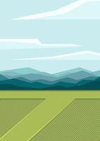 vete fält landskap illustration. skön sommar landsbygden. blå kullar, molnig blå himmel, jordbruksmark vektor