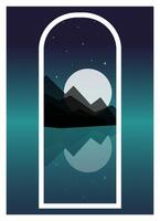 minimalistisch ästhetisch Nacht Berge Landschaft Sicht. nordisch Mitternacht, Fjord Illustration. vektor