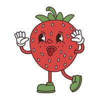 retro groovig komisch Charakter Erdbeere. frech rot Obst ist Grimassen schneiden. eben Illustration isoliert. vektor
