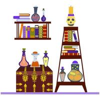 das Konzept von das Innere von ein uralt alchemistisch Labor mit ein alt Brust, alt Flaschen, alt Bücher und ein Schädel. Platz Illustration im ein eben Stil zum ein Halloween Gruß Karte vektor