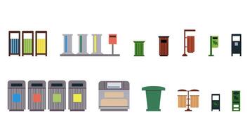 Sammlung von 16 Müll Büchsen, Müll Büchsen zum Müll Trennung, Park Mülleimer, Behälter zum Hund Abfall. Elemente von städtisch Infrastruktur und städtisch Park, Abbildungen im ein eben Stil. vektor