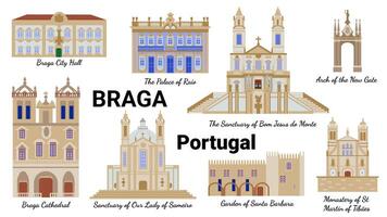 architektonisch Sehenswürdigkeiten von braga Portugal, ein einstellen von süß Symbole gemalt im ein eben Karikatur Stil, Souvenir Postkarte. vektor