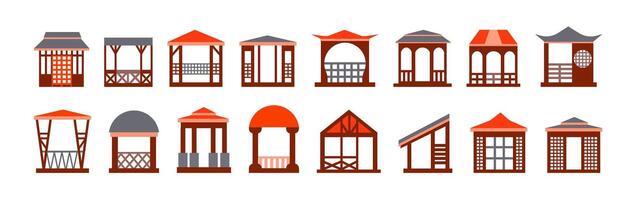 uppsättning av alternativ för gazebos för japansk och kinesisk trädgårdar. samling ikoner i platt tecknad serie stil för landskap design och konstruktion isolerat på vit bakgrund vektor