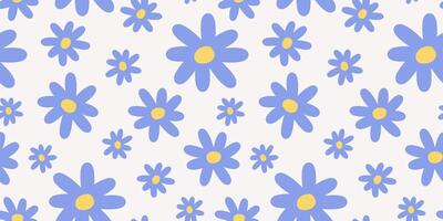 zurück-25groovy Blumen nahtlos Muster. naiv Hand gezeichnet Blau Gänseblümchen auf Beige Hintergrund vektor