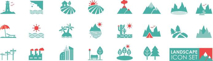 landskap ikon uppsättning fast samling stil, som innehåller fjäll, stad, byggnad, skog, flod, strand, öken, fält, ö, vulkan vektor
