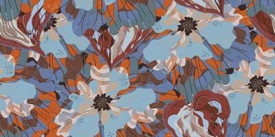 ein Muster mit Blau, Orange und braun Blumen vektor