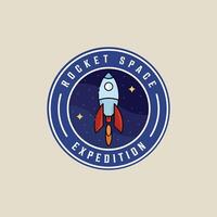 Rakete Raum Schiff Emblem Logo Illustration Vorlage Grafik Design. Luft- und Raumfahrt Zeichen und Symbol zum Astronomie Konzept mit Kreis Abzeichen Typografie Stil vektor