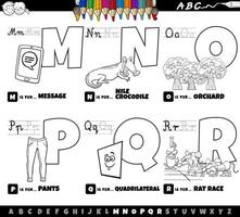 pädagogisches alphabet buchstaben cartoon set von m bis r farbseite vektor