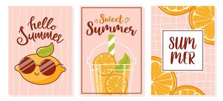 Hallo Sommer. einstellen von Postkarten, Banner zum Verkauf. cool Zitronen im Sonnenbrille, ein süß retro Karikatur Charakter. Orange frisch. groovig, Jahrgang. modisch alt Stil. 1970er Jahre tropisch exotisch Früchte vektor