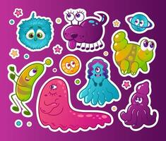 einstellen süß Raum Karikatur Monster. Außerirdische, komisch und süß bunt Halloween Zeichen mit anders Emotionen. Neon- Farben, j2k, Gradient, 2000er Raum Flüge, das Zukunft. Aufkleber, Design Elemente. vektor