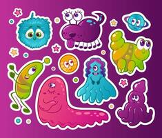 uppsättning söt Plats tecknad serie monster. utomjordingar, rolig och söt färgrik halloween tecken med annorlunda känslor. neon färger, y2k, lutning, 2000-talet Plats flyg, de framtida. klistermärken, design element. vektor