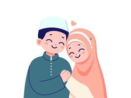 muslim äktenskap enkel platt modern hand dragen illustration av tecknad serie bröllop par med kramas utgör vektor