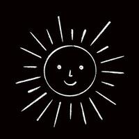 leende Sol hand dragen illustration, barn teckning krita imitation, klotter rolig ansikte ikon, krita, texturerad borsta bild grafisk element för kort, barn bok, sommar affisch, semester dekor vektor