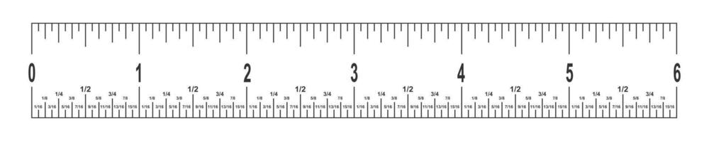 6 inches linjal skala med fraktioner. matematik eller geometrisk verktyg för distans, höjd eller längd mått med markup och tal vektor