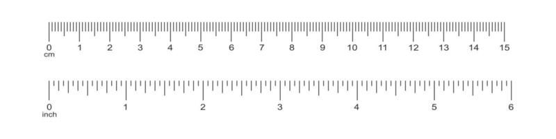 horisontell skala med 6 tum och 15 centimeter markup och tal. mätning Diagram av metrisk och kejserlig enheter. distans, höjd eller längd mått verktyg mallar vektor