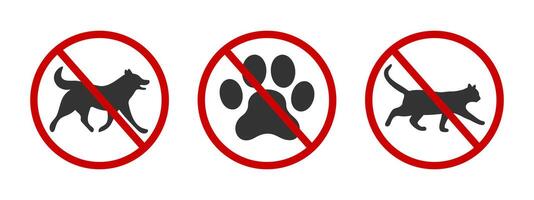Nein Haustiere erlaubt Symbole. inländisch Tiere Gehen Verbot Zone Zeichen. Hunde oder Katzen verboten Etiketten zum Parks, Hotels, Restaurants vektor
