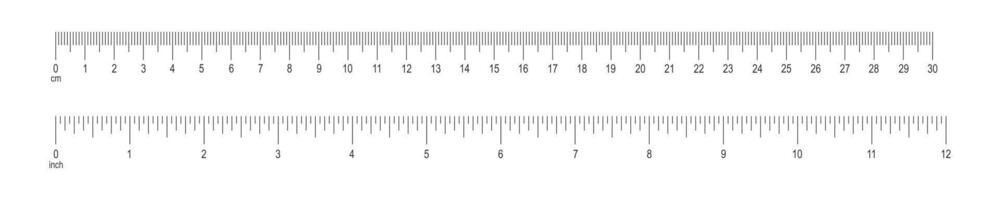 horisontell skala med 12 tum och 30 centimeter markup och tal. mätning diagram av metrisk och kejserlig enhet. distans, höjd eller längd mått verktyg mallar vektor