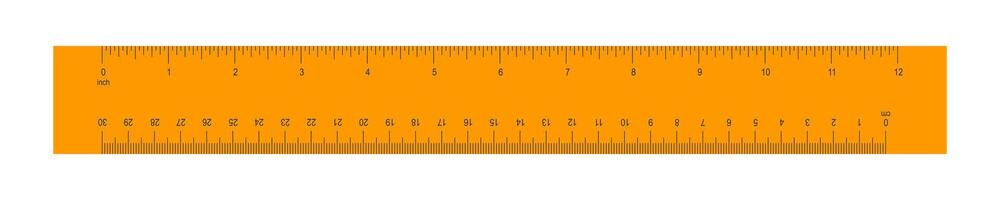 hölzern oder Plastik Orange Lineal mit 12 Zoll und 30 Zentimeter Skala. Distanz, Höhe oder Länge Messung Mathematik Werkzeug. horizontal Messung Diagramm mit Markup und Zahlen vektor