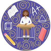 söt flicka med brun hår Sammanträde på en skola skrivbord, nära mark bok penna kub, på lila cirkel. tillbaka till skola utgåva. platt vektor