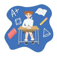 söt flicka med röd hår Sammanträde på en skola skrivbord nära bok penna märke. tillbaka till skola utgåva. platt . bakgrund blå vektor