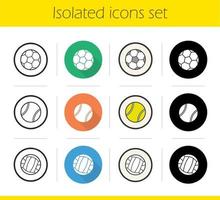 Sportbälle Icons Set. flaches Design, lineare, schwarze und farbige Stile. Fußball, Volleyball und Tennisbälle. isolierte vektorillustrationen vektor