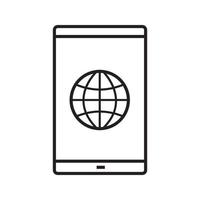 Lineares Symbol für die Smartphone-Netzwerkverbindung. dünne Linie Abbildung. Smartphone mit Globus-Modell-Kontursymbol. Vektor isolierte Umrisszeichnung