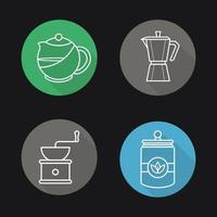 Tee und Kaffee flache lineare lange Schattensymbole eingestellt. Brühteekanne, klassische Kaffeemaschine, Vintage-Mühle, Teeglas. Logokonzepte für Tee- und Kaffeebrühanlagen. Vektorgrafiken vektor