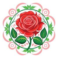 ein rot Rose mit Grün Blätter, umgeben durch ein kreisförmig Design von rot und Grün wirbelt. vektor