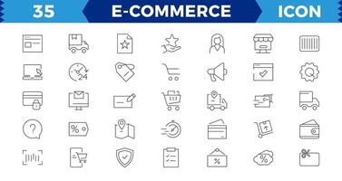 e-handel uppsättning av webb ikoner i linje stil. .uppkopplad handla ikoner för webb och mobil app. .företag, Bank kort, .gåvor, försäljning, leverans. vektor