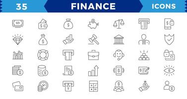 Pixel perfekt Finanzen Linie Symbole Satz. Geld Zahlungen Elemente Gliederung Symbole Sammlung. Währung, Geld, Bank, Kryptowährung, überprüfen, Geldbörse, Schweinchen, Balance, editierbar Schlaganfall. vektor